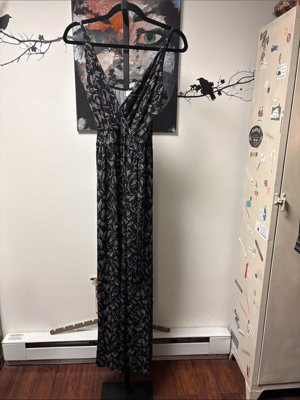 Kaileigh Black jumpsuit  with beige Leaf Print Size Medium